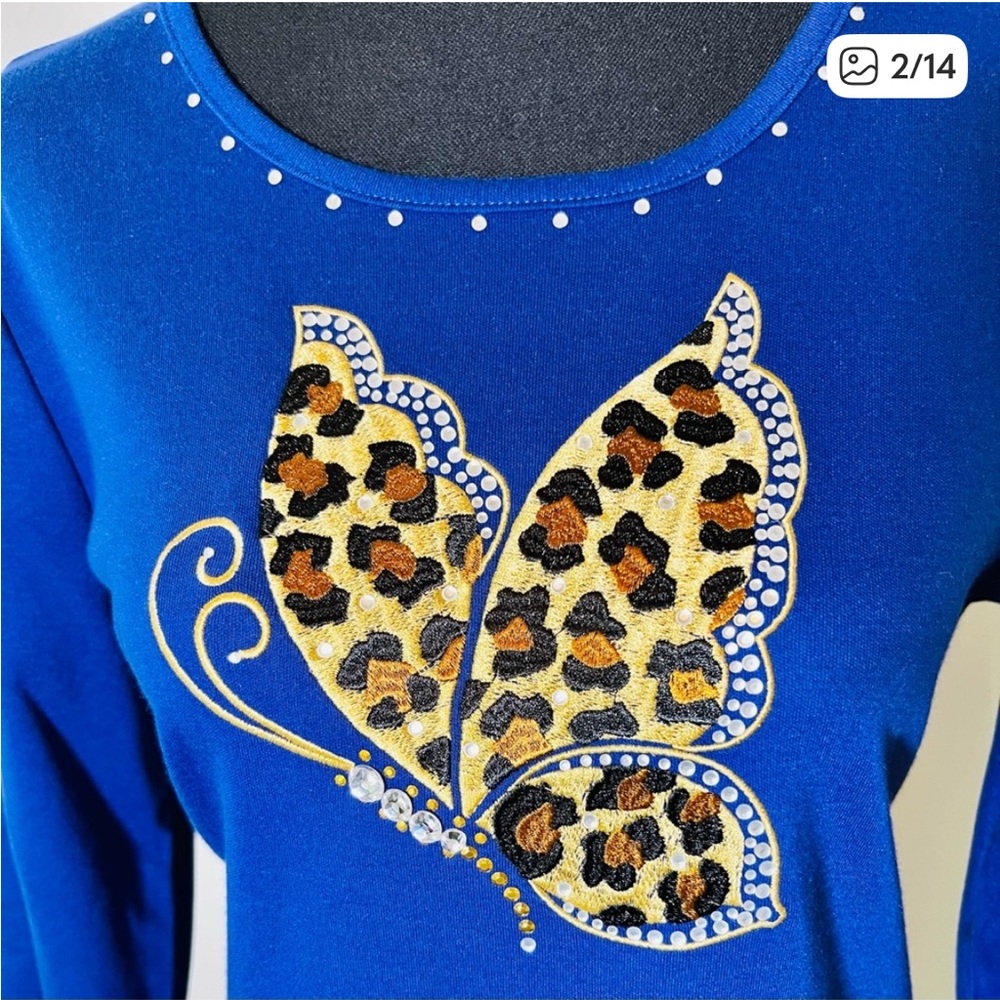 NWT QUACKER FACTORY Womens S Leopard Butterfly Embellished Embroidery 3/4 Sleeve - Picture 2 of 12